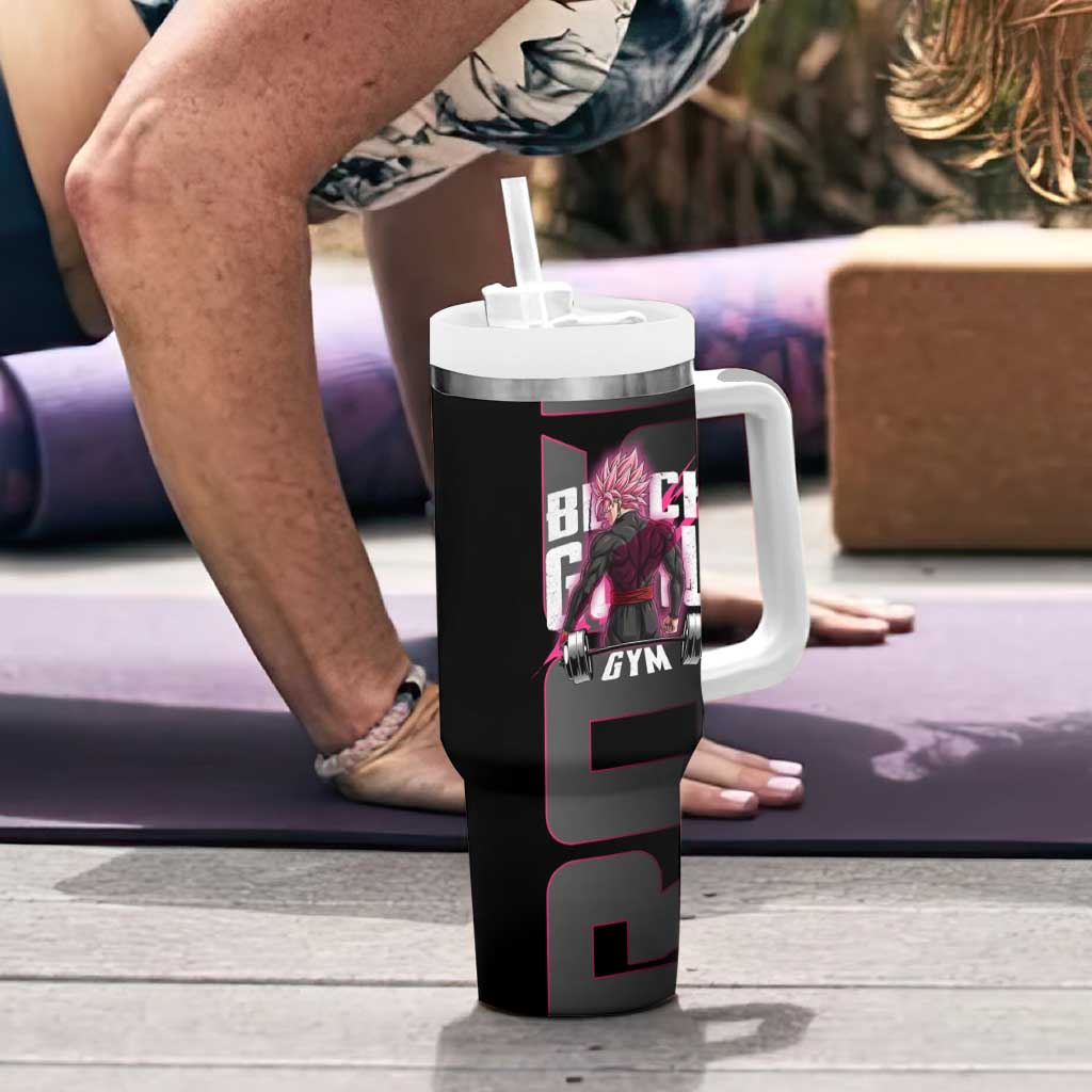 Goku Black Rose Dragon Ball Gym Theme Tumbler With Handle with Dumbbell Power Lift and Pink Electric Aura on Black Design - The Mazicc