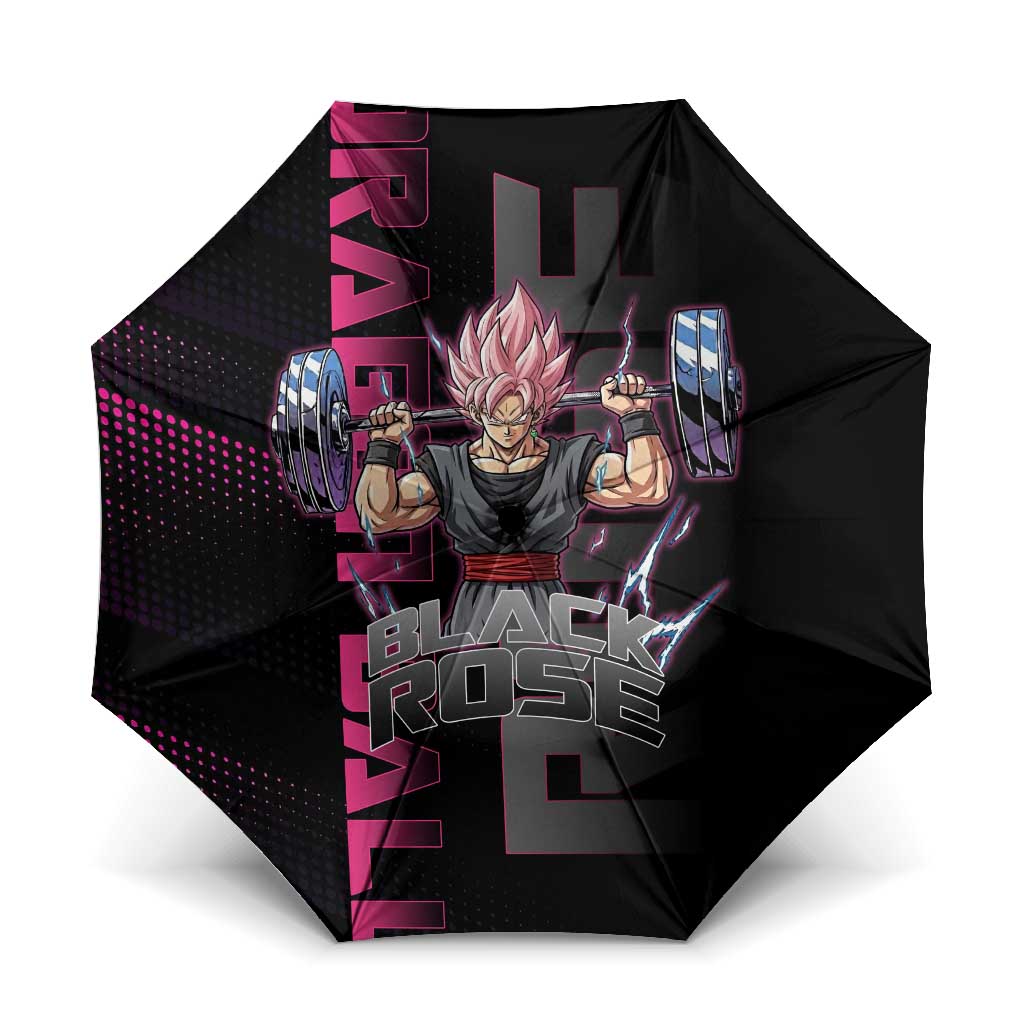 Goku Black Rose Dragon Ball Gym Theme Umbrella with Dumbbell Power Lift and Pink Electric Aura on Black Design - The Mazicc