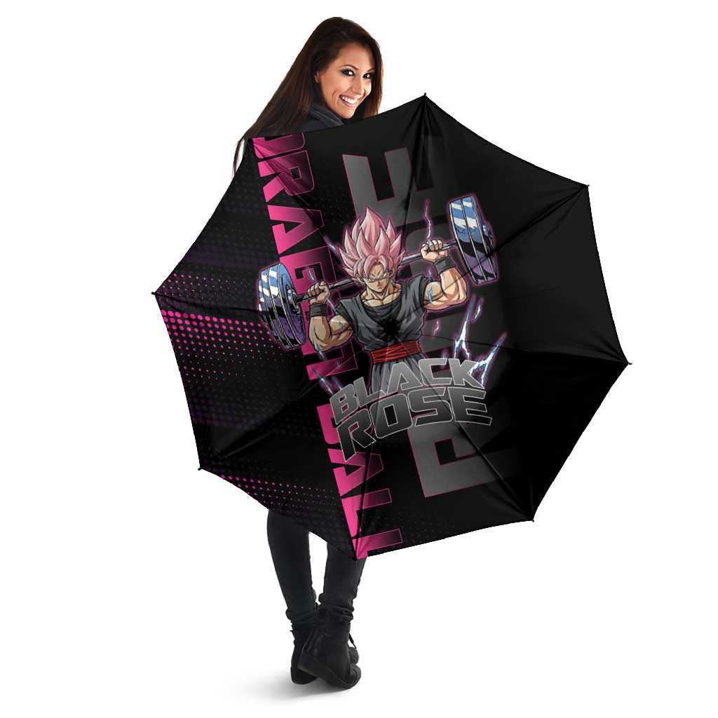 Goku Black Rose Dragon Ball Gym Theme Umbrella with Dumbbell Power Lift and Pink Electric Aura on Black Design - The Mazicc