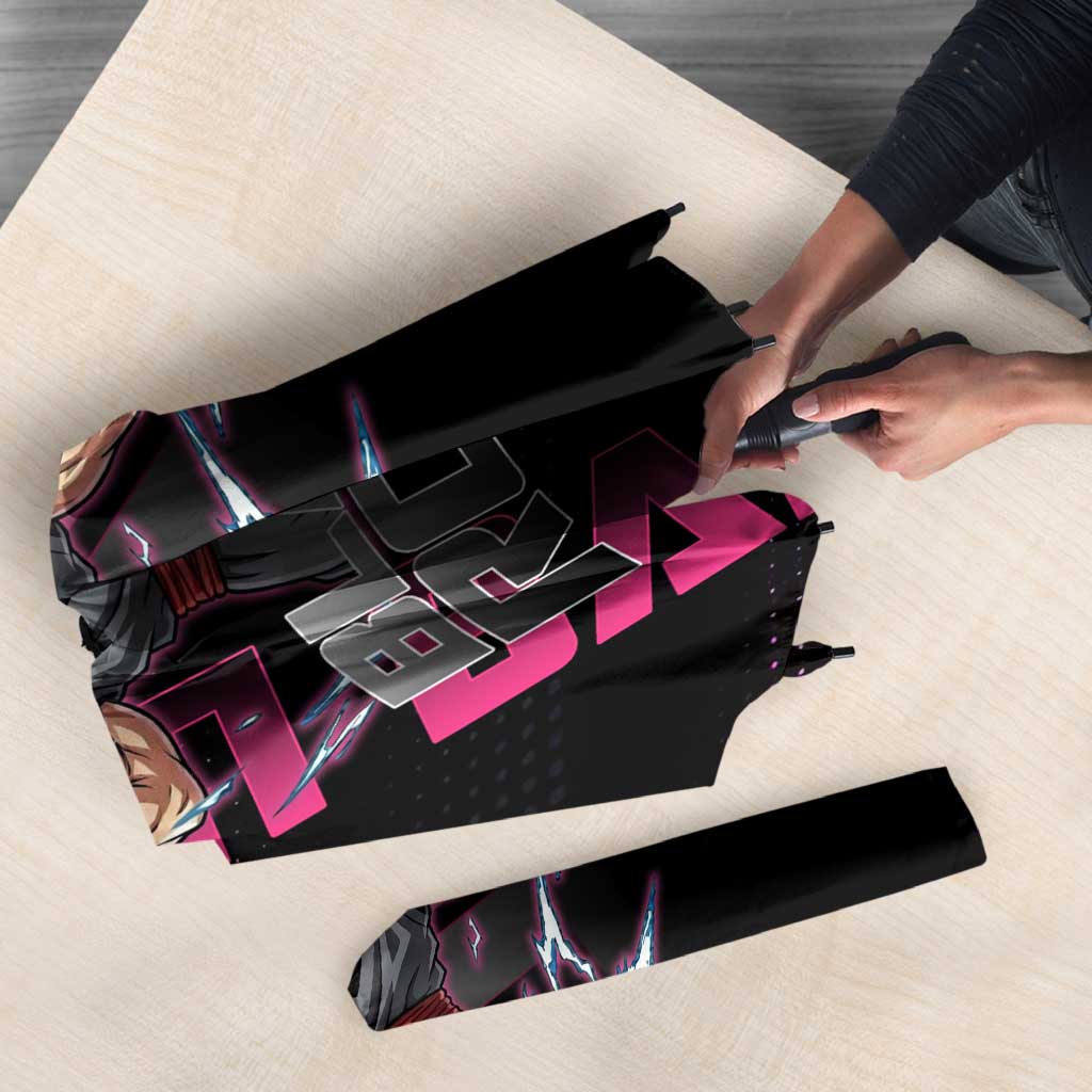 Goku Black Rose Dragon Ball Gym Theme Umbrella with Dumbbell Power Lift and Pink Electric Aura on Black Design - The Mazicc