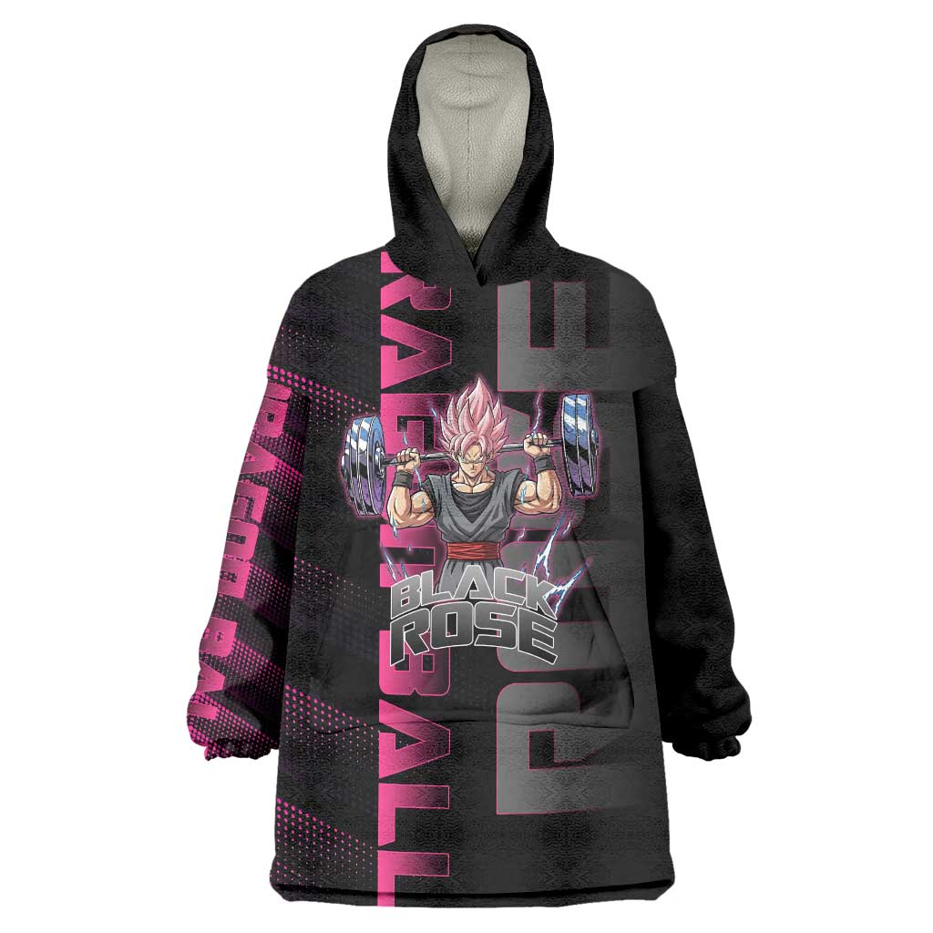 Goku Black Rose Dragon Ball Gym Theme Wearable Blanket Hoodie with Dumbbell Power Lift and Pink Electric Aura on Black Design - The Mazicc