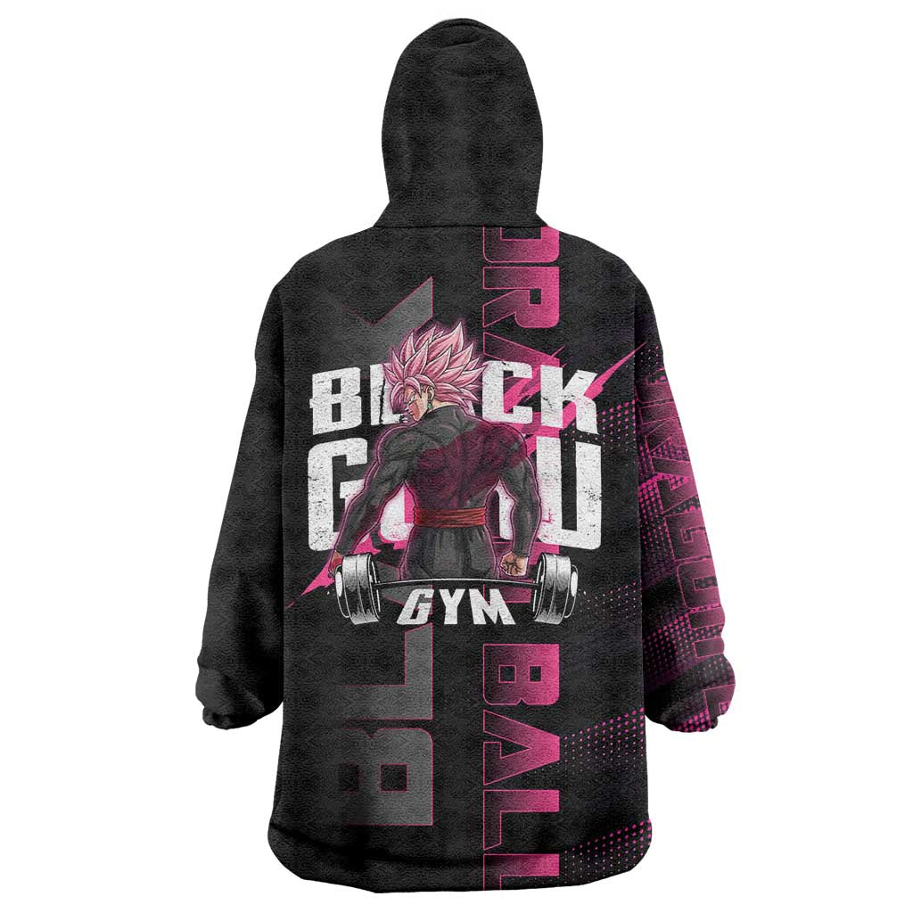 Goku Black Rose Dragon Ball Gym Theme Wearable Blanket Hoodie with Dumbbell Power Lift and Pink Electric Aura on Black Design - The Mazicc