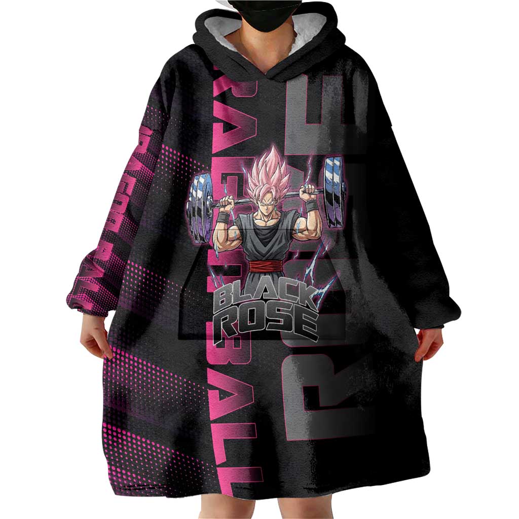 Goku Black Rose Dragon Ball Gym Theme Wearable Blanket Hoodie with Dumbbell Power Lift and Pink Electric Aura on Black Design - The Mazicc
