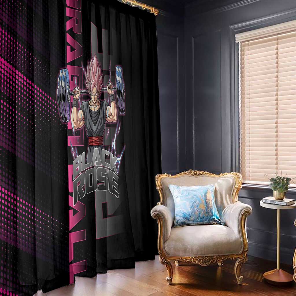 Goku Black Rose Dragon Ball Gym Theme Window Curtain with Dumbbell Power Lift and Pink Electric Aura on Black Design - The Mazicc