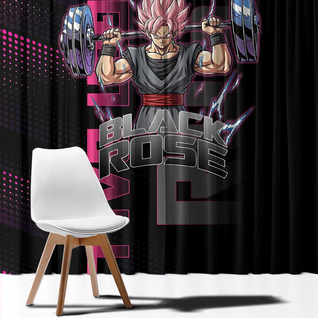 Goku Black Rose Dragon Ball Gym Theme Window Curtain with Dumbbell Power Lift and Pink Electric Aura on Black Design - The Mazicc
