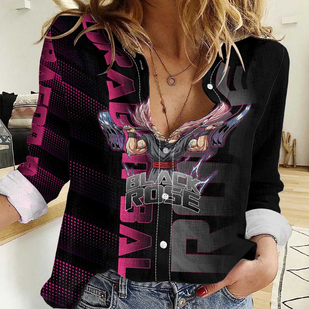 Goku Black Rose Dragon Ball Gym Theme Women Casual Shirt with Dumbbell Power Lift and Pink Electric Aura on Black Design - The Mazicc
