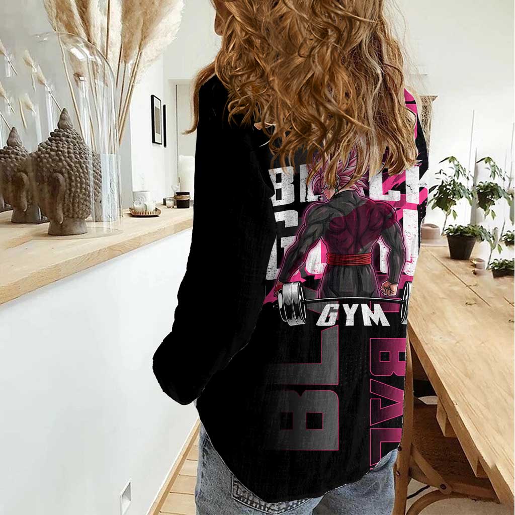 Goku Black Rose Dragon Ball Gym Theme Women Casual Shirt with Dumbbell Power Lift and Pink Electric Aura on Black Design - The Mazicc