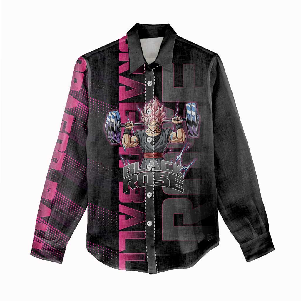Goku Black Rose Dragon Ball Gym Theme Women Casual Shirt with Dumbbell Power Lift and Pink Electric Aura on Black Design - The Mazicc