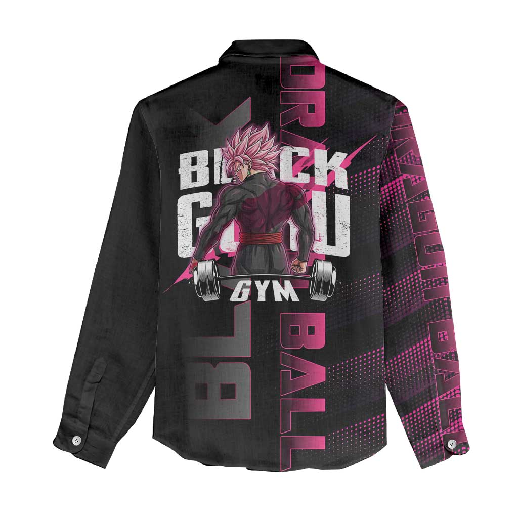 Goku Black Rose Dragon Ball Gym Theme Women Casual Shirt with Dumbbell Power Lift and Pink Electric Aura on Black Design - The Mazicc
