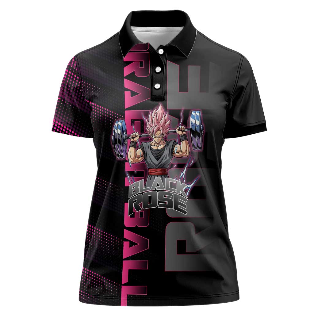Goku Black Rose Dragon Ball Gym Theme Women Polo Shirt with Dumbbell Power Lift and Pink Electric Aura on Black Design - The Mazicc
