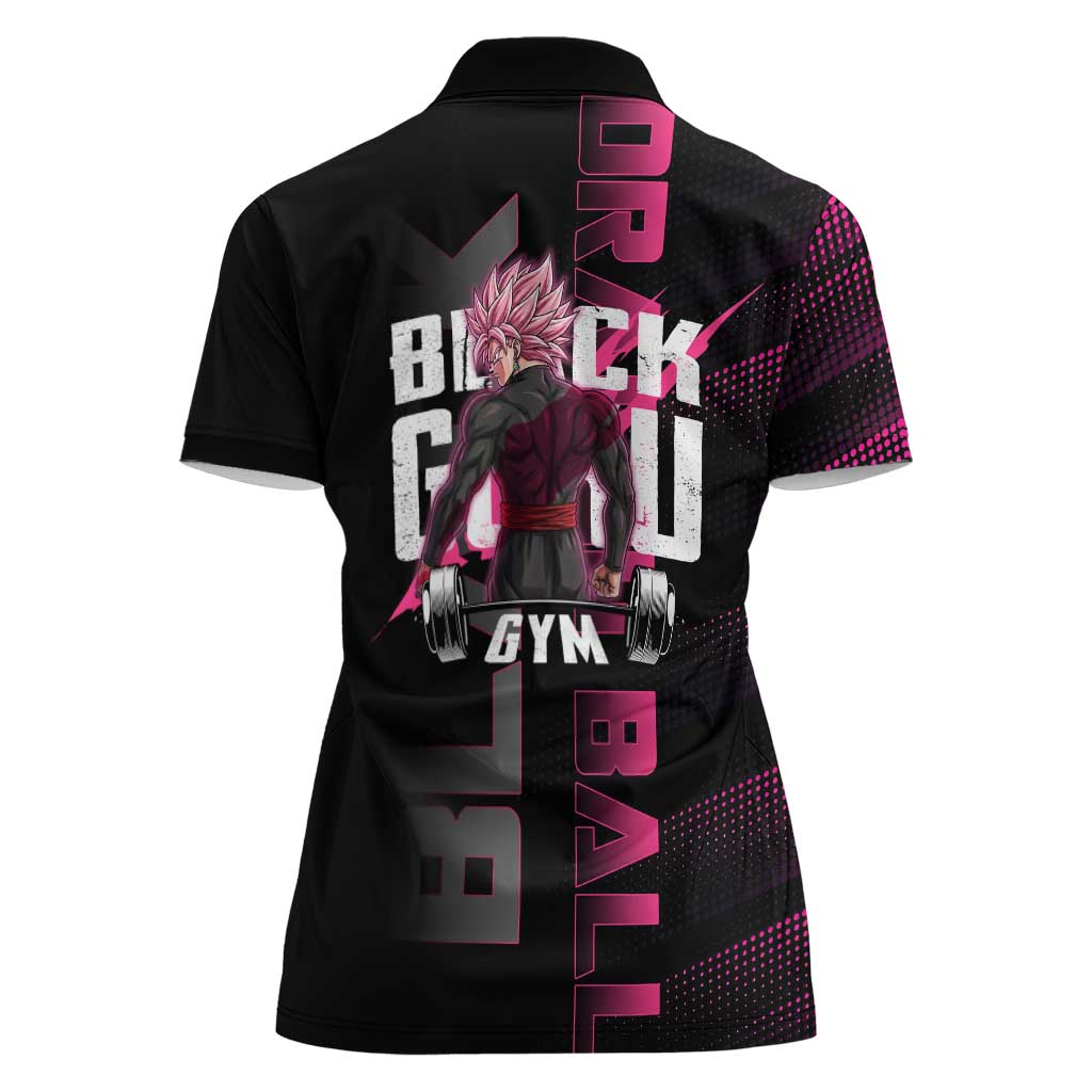 Goku Black Rose Dragon Ball Gym Theme Women Polo Shirt with Dumbbell Power Lift and Pink Electric Aura on Black Design - The Mazicc