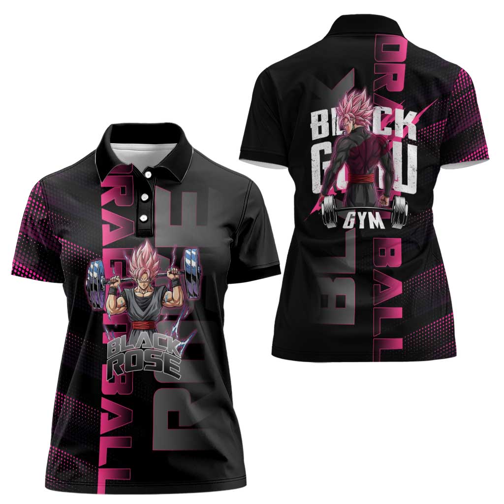 Goku Black Rose Dragon Ball Gym Theme Women Polo Shirt with Dumbbell Power Lift and Pink Electric Aura on Black Design - The Mazicc