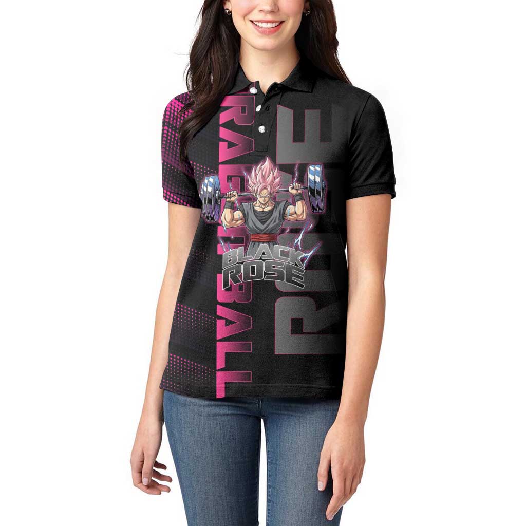 Goku Black Rose Dragon Ball Gym Theme Women Polo Shirt with Dumbbell Power Lift and Pink Electric Aura on Black Design - The Mazicc