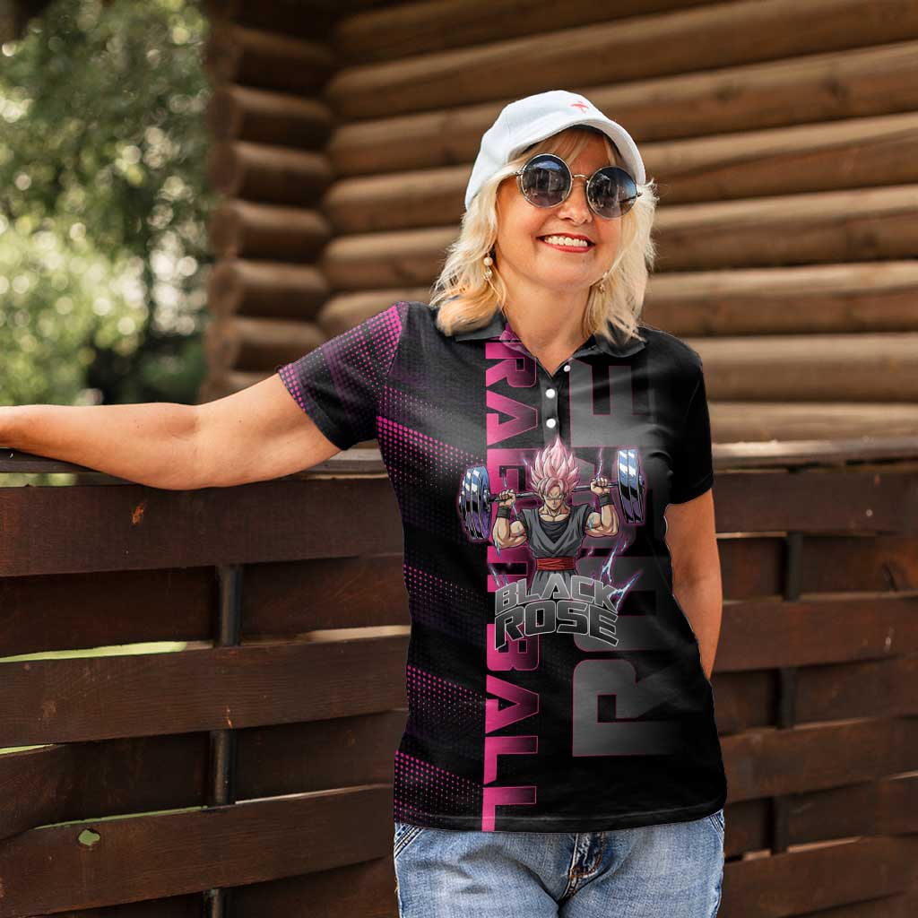 Goku Black Rose Dragon Ball Gym Theme Women Polo Shirt with Dumbbell Power Lift and Pink Electric Aura on Black Design - The Mazicc