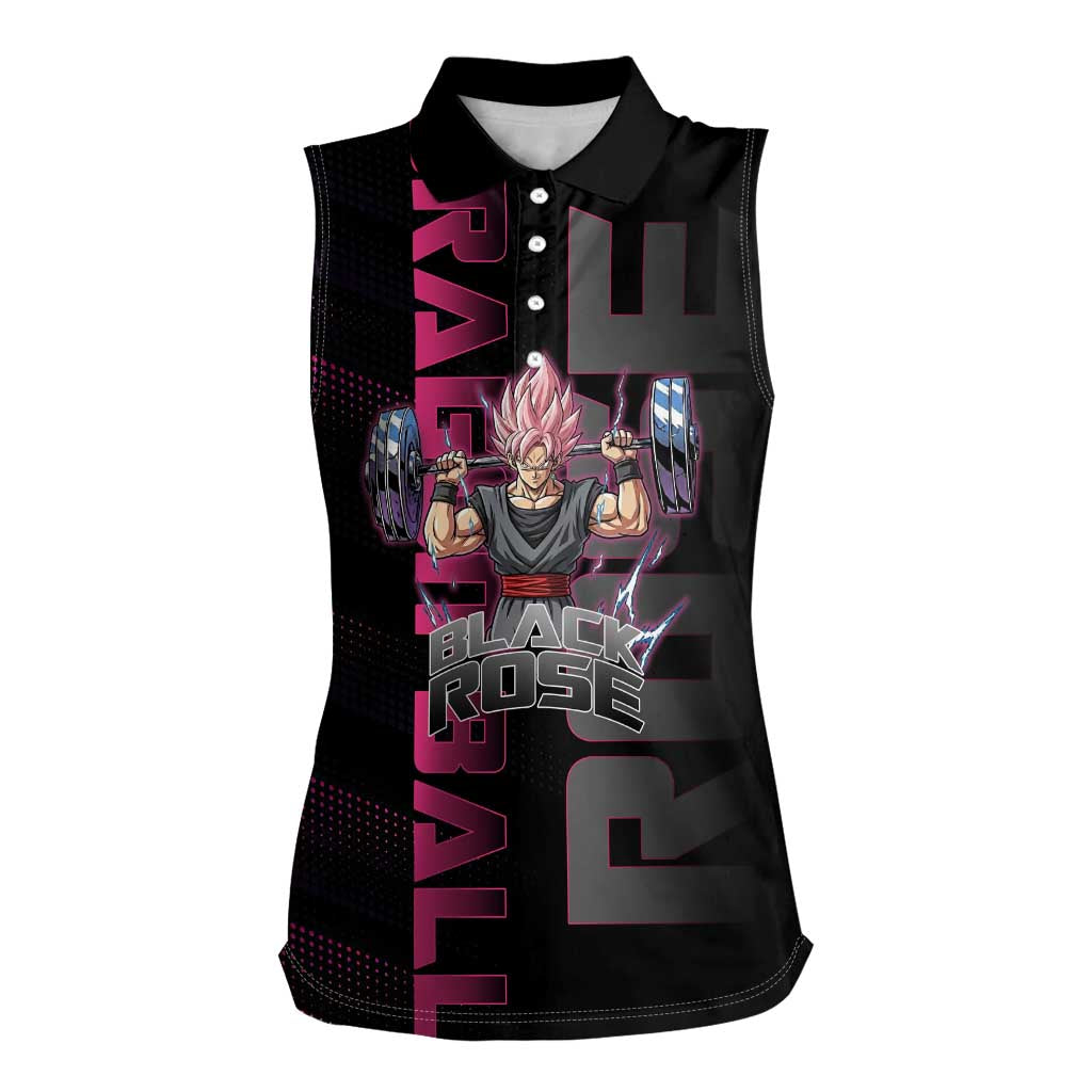 Goku Black Rose Dragon Ball Gym Theme Women Sleeveless Polo Shirt with Dumbbell Power Lift and Pink Electric Aura on Black Design - The Mazicc