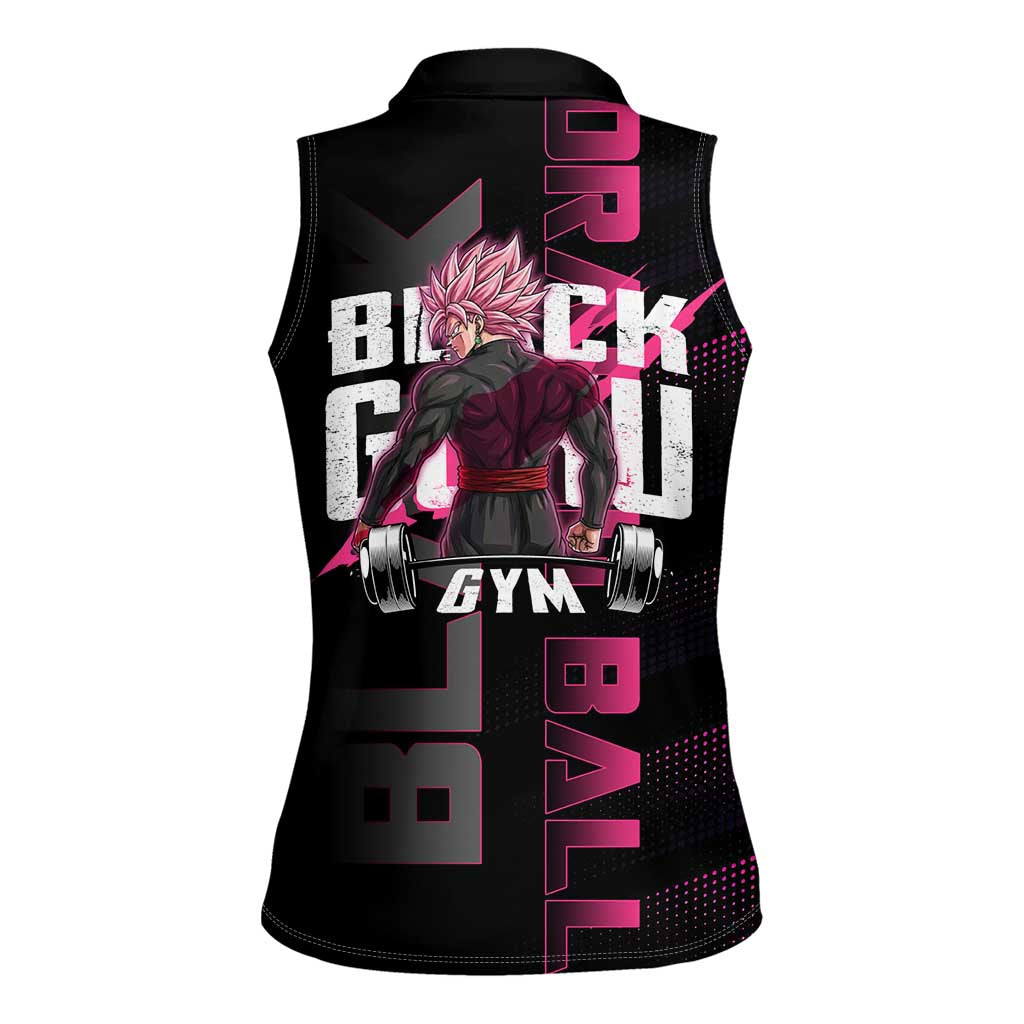 Goku Black Rose Dragon Ball Gym Theme Women Sleeveless Polo Shirt with Dumbbell Power Lift and Pink Electric Aura on Black Design - The Mazicc