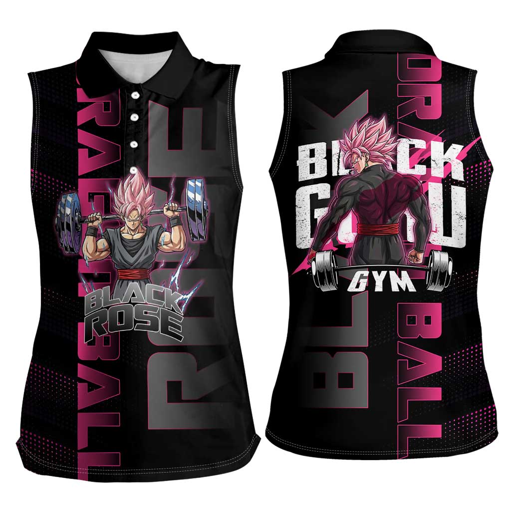 Goku Black Rose Dragon Ball Gym Theme Women Sleeveless Polo Shirt with Dumbbell Power Lift and Pink Electric Aura on Black Design - The Mazicc