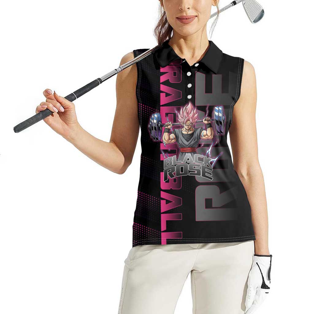 Goku Black Rose Dragon Ball Gym Theme Women Sleeveless Polo Shirt with Dumbbell Power Lift and Pink Electric Aura on Black Design - The Mazicc
