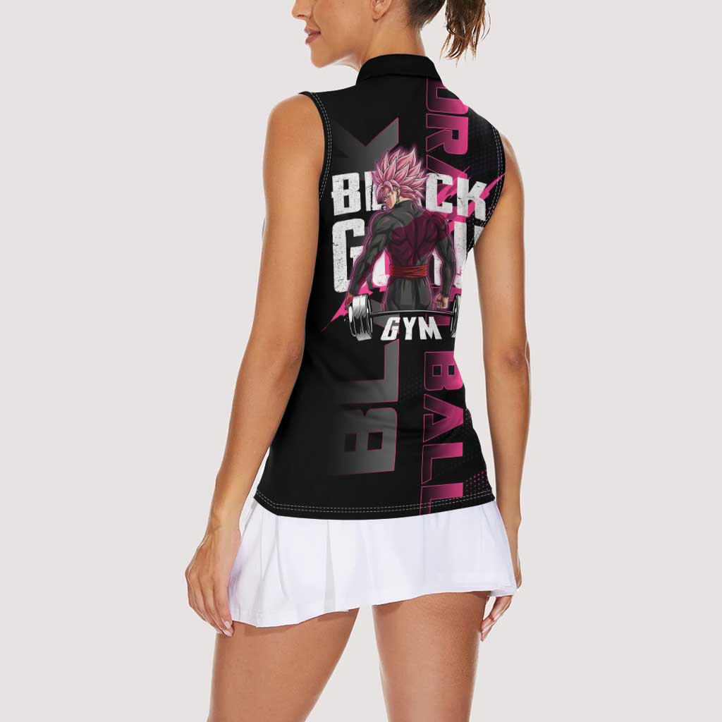 Goku Black Rose Dragon Ball Gym Theme Women Sleeveless Polo Shirt with Dumbbell Power Lift and Pink Electric Aura on Black Design - The Mazicc