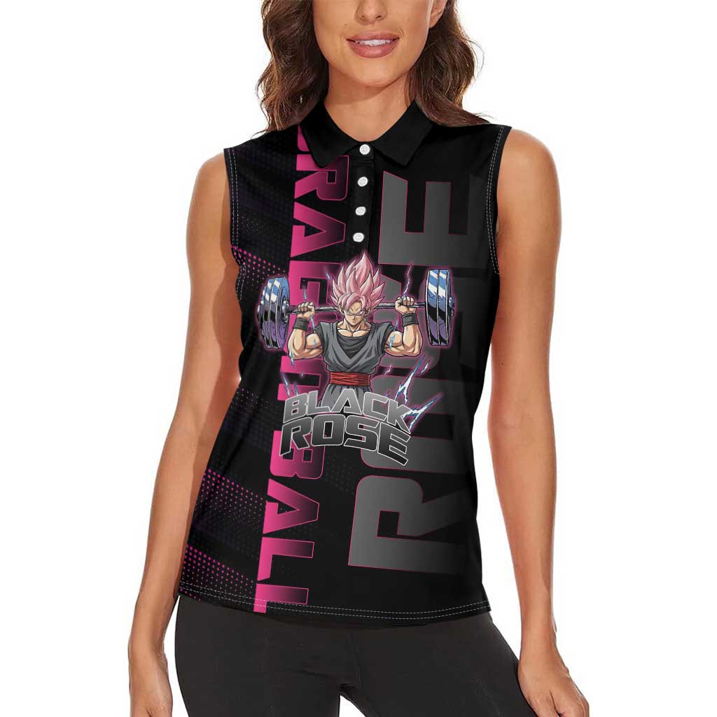 Goku Black Rose Dragon Ball Gym Theme Women Sleeveless Polo Shirt with Dumbbell Power Lift and Pink Electric Aura on Black Design - The Mazicc