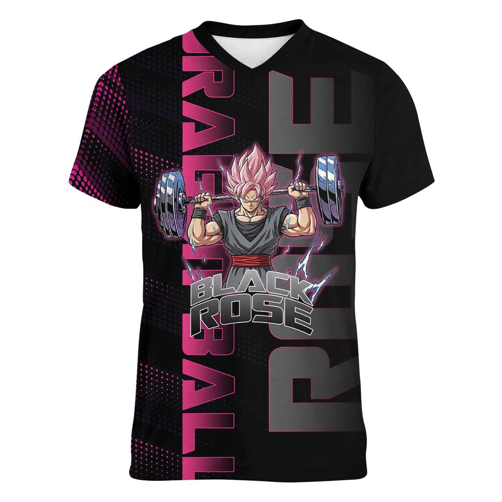 Goku Black Rose Dragon Ball Gym Theme Women V-Neck T-Shirt with Dumbbell Power Lift and Pink Electric Aura on Black Design - The Mazicc