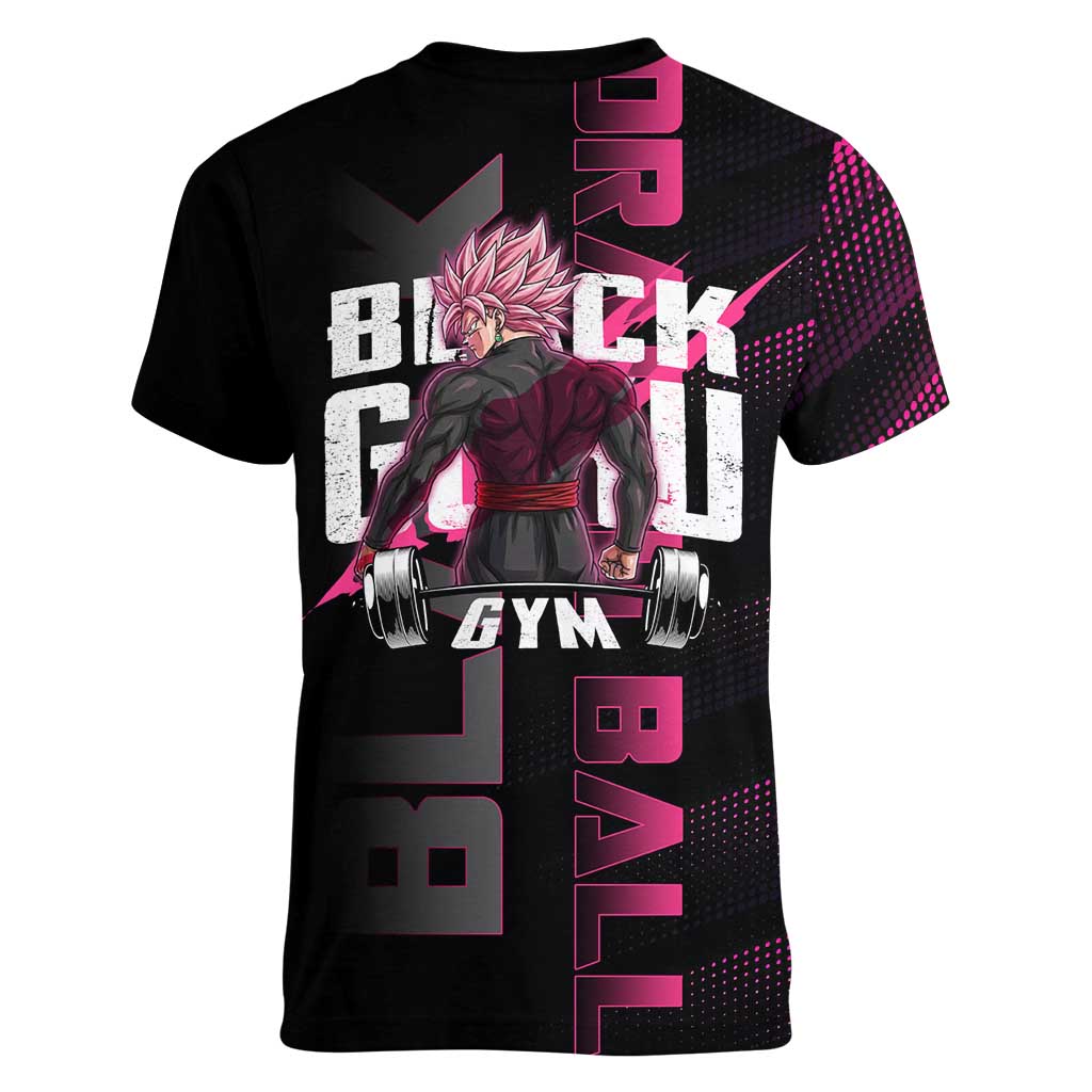 Goku Black Rose Dragon Ball Gym Theme Women V-Neck T-Shirt with Dumbbell Power Lift and Pink Electric Aura on Black Design - The Mazicc