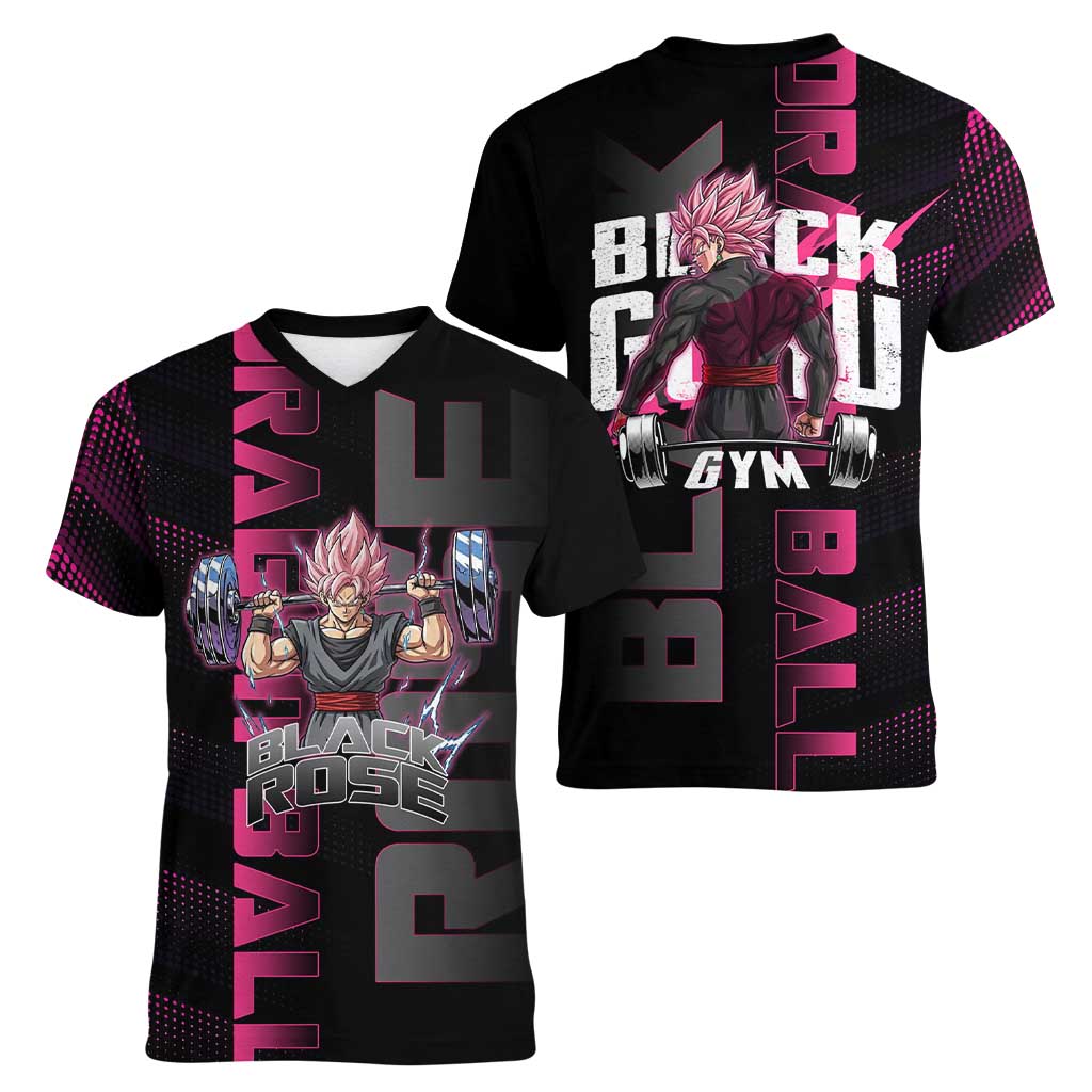 Goku Black Rose Dragon Ball Gym Theme Women V-Neck T-Shirt with Dumbbell Power Lift and Pink Electric Aura on Black Design - The Mazicc