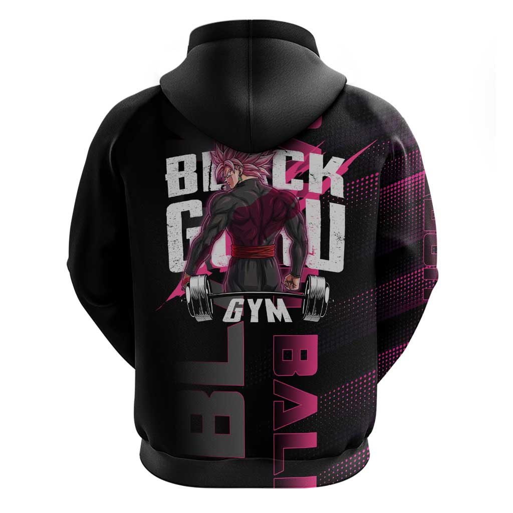 Goku Black Rose Dragon Ball Gym Theme Zip Hoodie with Dumbbell Power Lift and Pink Electric Aura on Black Design - The Mazicc