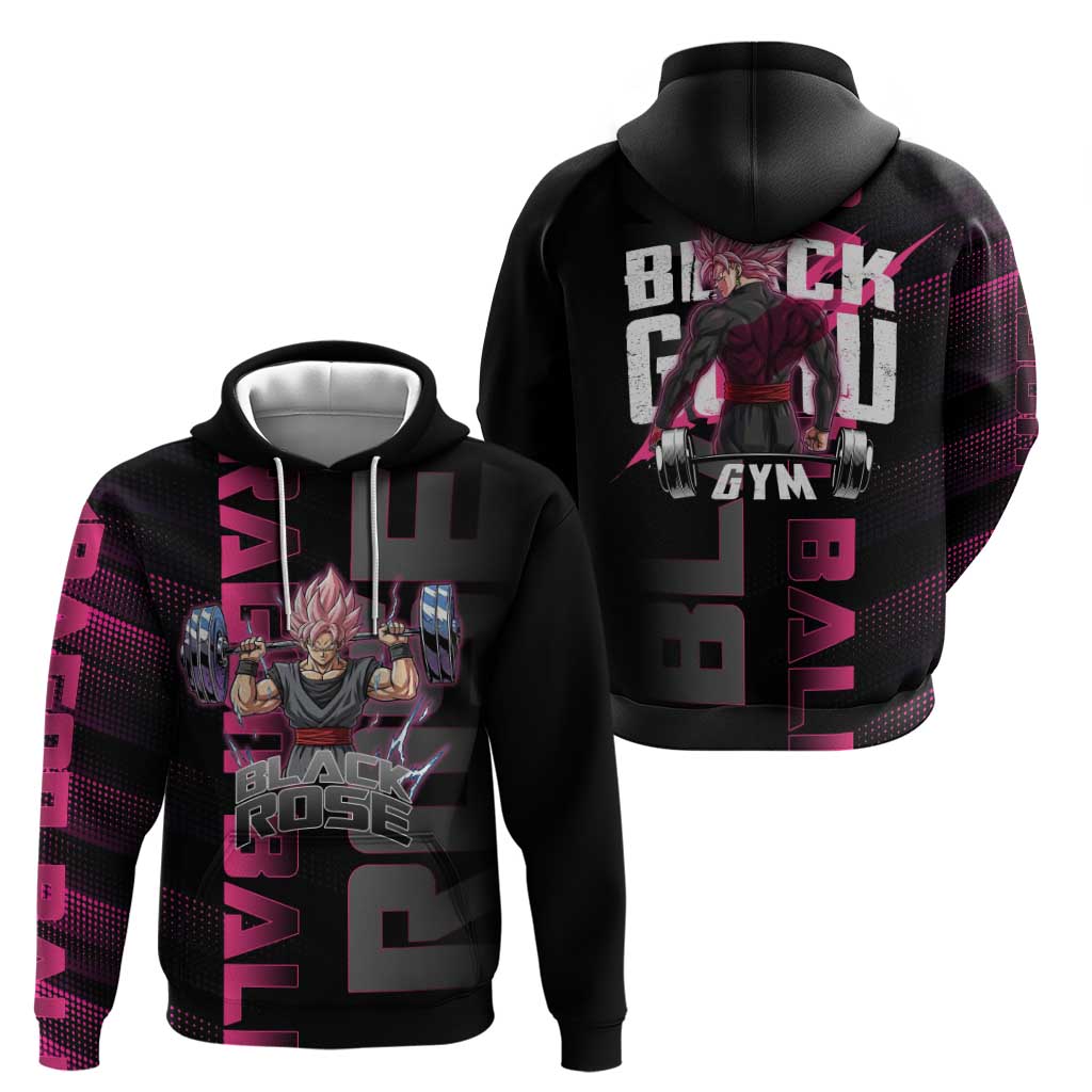 Goku Black Rose Dragon Ball Gym Theme Zip Hoodie with Dumbbell Power Lift and Pink Electric Aura on Black Design - The Mazicc