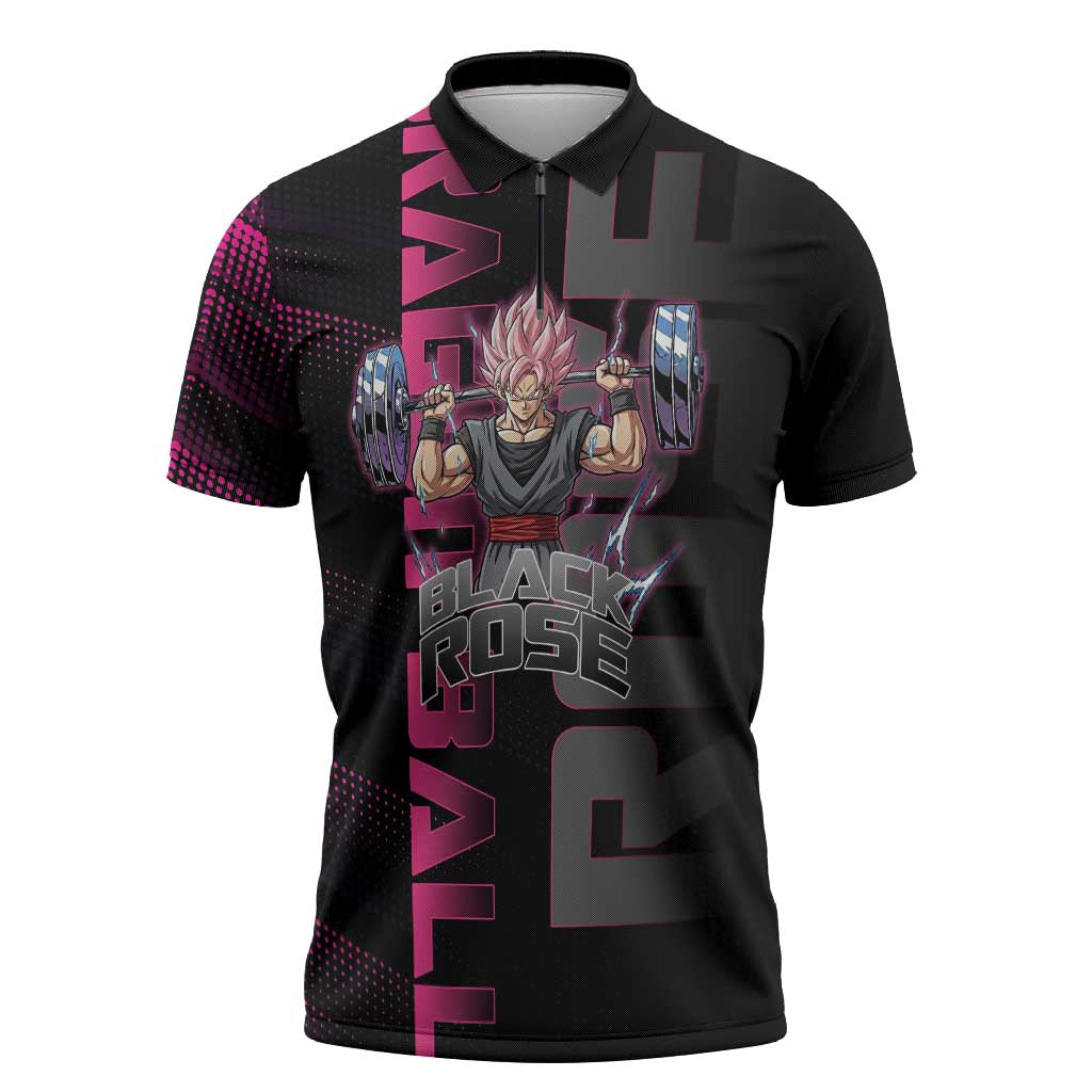 Goku Black Rose Dragon Ball Gym Theme Zipper Polo Shirt with Dumbbell Power Lift and Pink Electric Aura on Black Design - The Mazicc