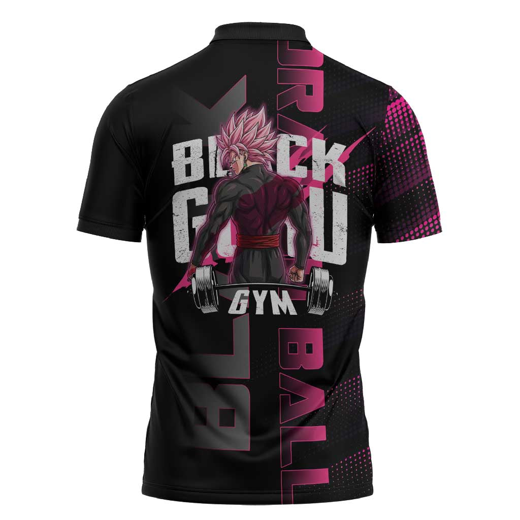 Goku Black Rose Dragon Ball Gym Theme Zipper Polo Shirt with Dumbbell Power Lift and Pink Electric Aura on Black Design - The Mazicc