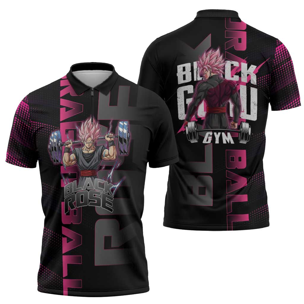 Goku Black Rose Dragon Ball Gym Theme Zipper Polo Shirt with Dumbbell Power Lift and Pink Electric Aura on Black Design - The Mazicc