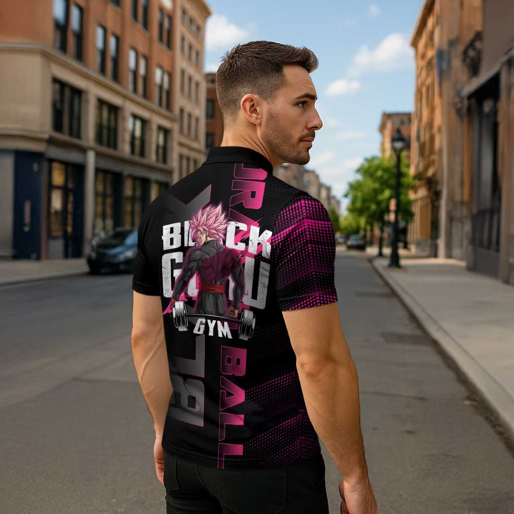 Goku Black Rose Dragon Ball Gym Theme Zipper Polo Shirt with Dumbbell Power Lift and Pink Electric Aura on Black Design - The Mazicc