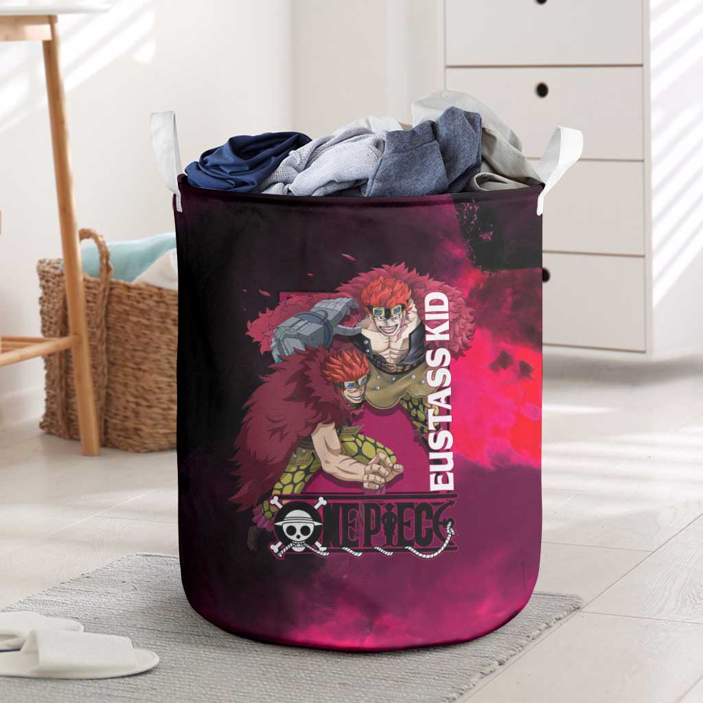 Eustass Kid One Piece Theme Red and Black Grunge Design Laundry Basket with Mechanical Arm and Pirate Emblem - The Mazicc