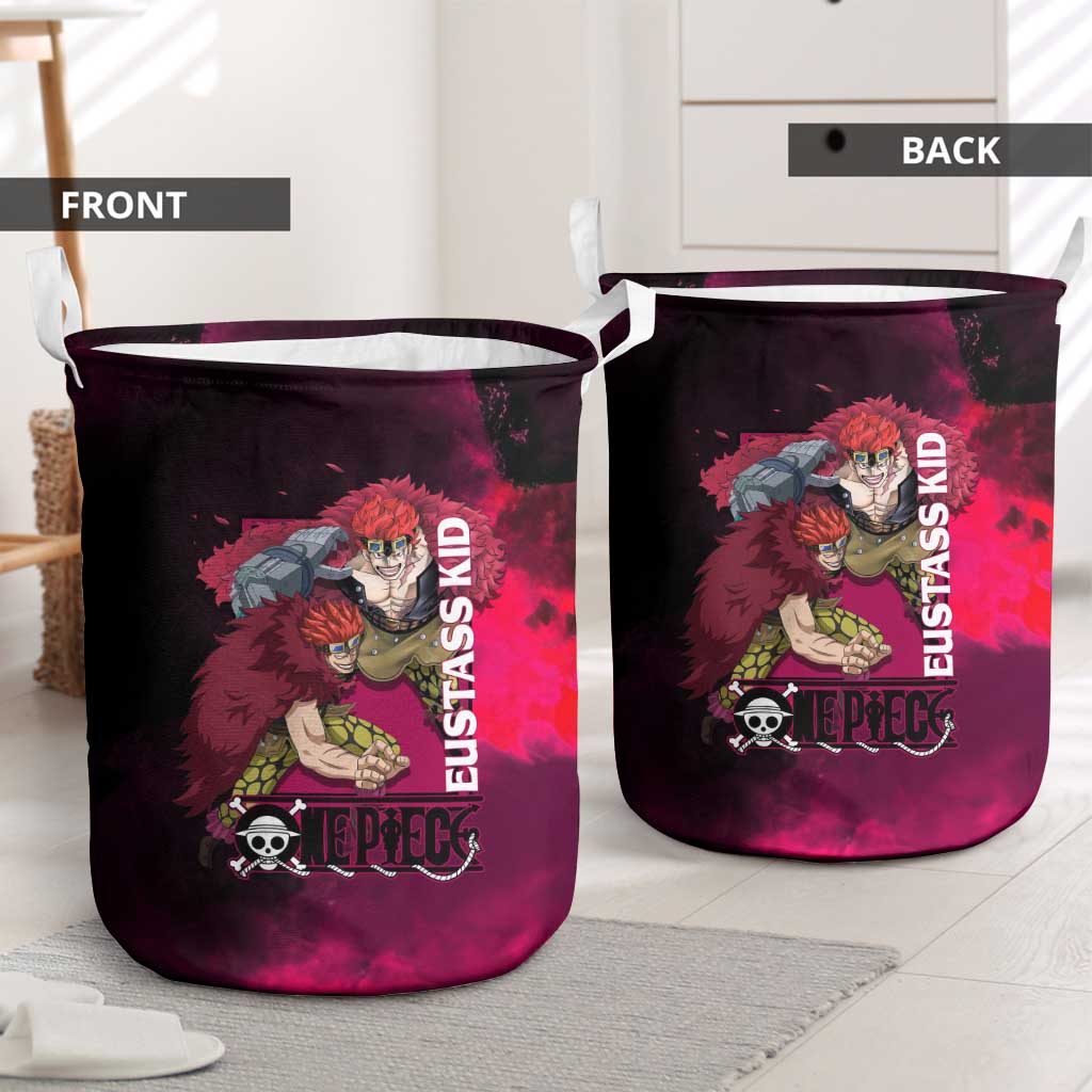 Eustass Kid One Piece Theme Red and Black Grunge Design Laundry Basket with Mechanical Arm and Pirate Emblem - The Mazicc