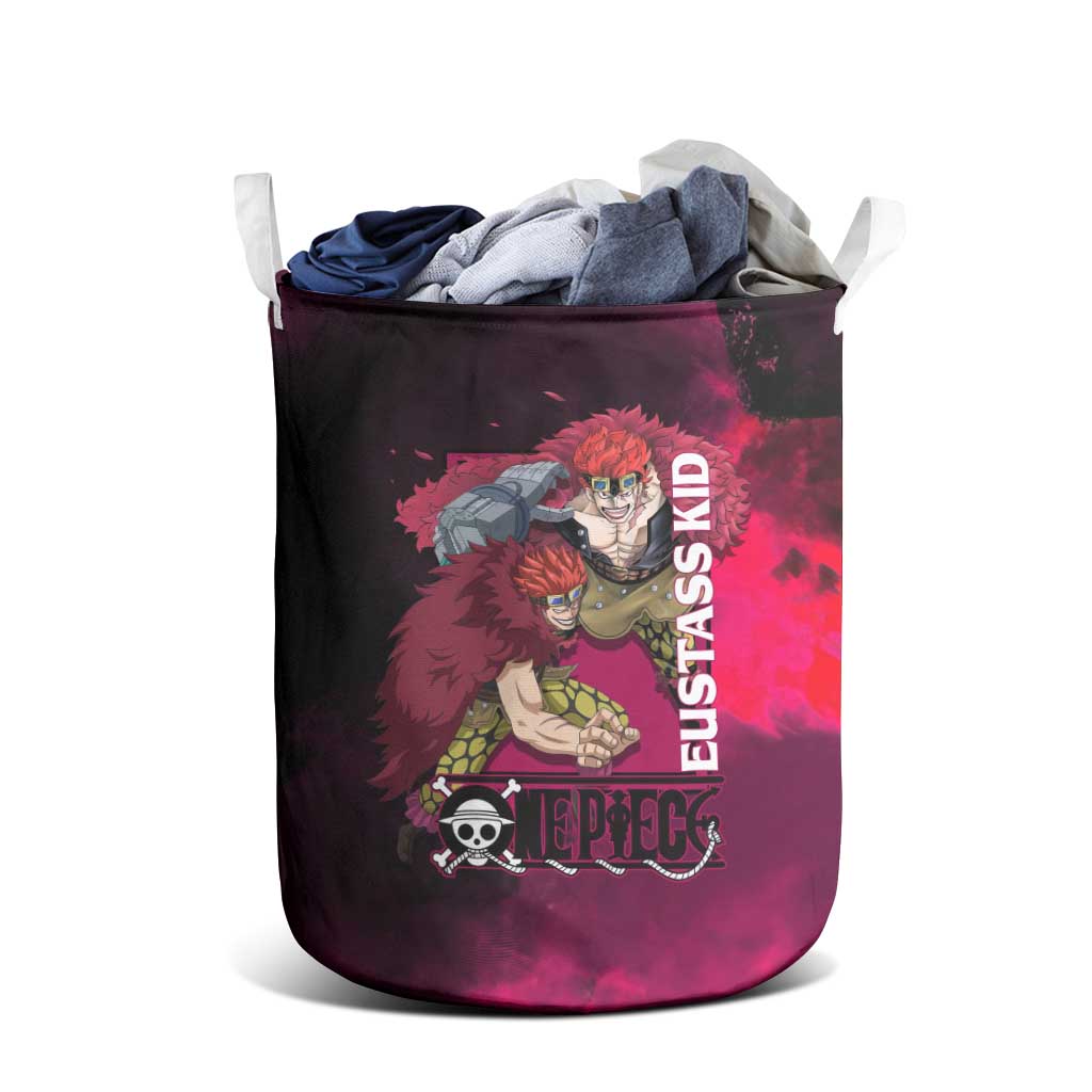 Eustass Kid One Piece Theme Red and Black Grunge Design Laundry Basket with Mechanical Arm and Pirate Emblem - The Mazicc