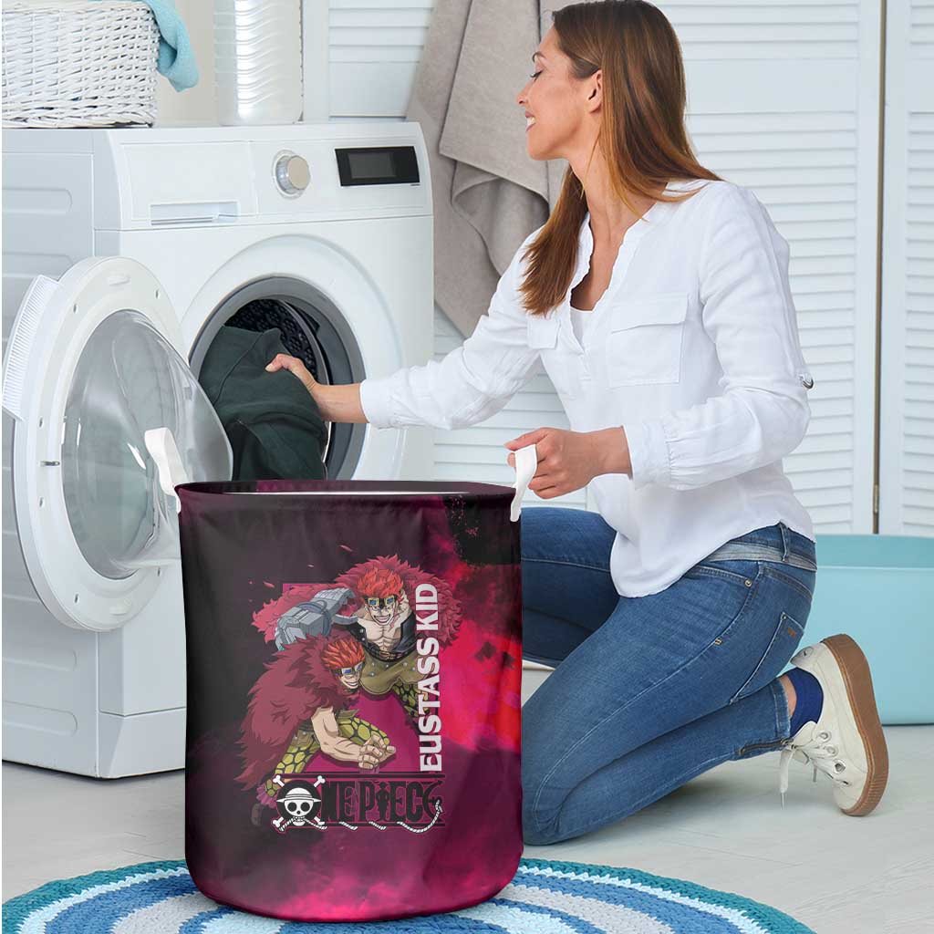Eustass Kid One Piece Theme Red and Black Grunge Design Laundry Basket with Mechanical Arm and Pirate Emblem - The Mazicc