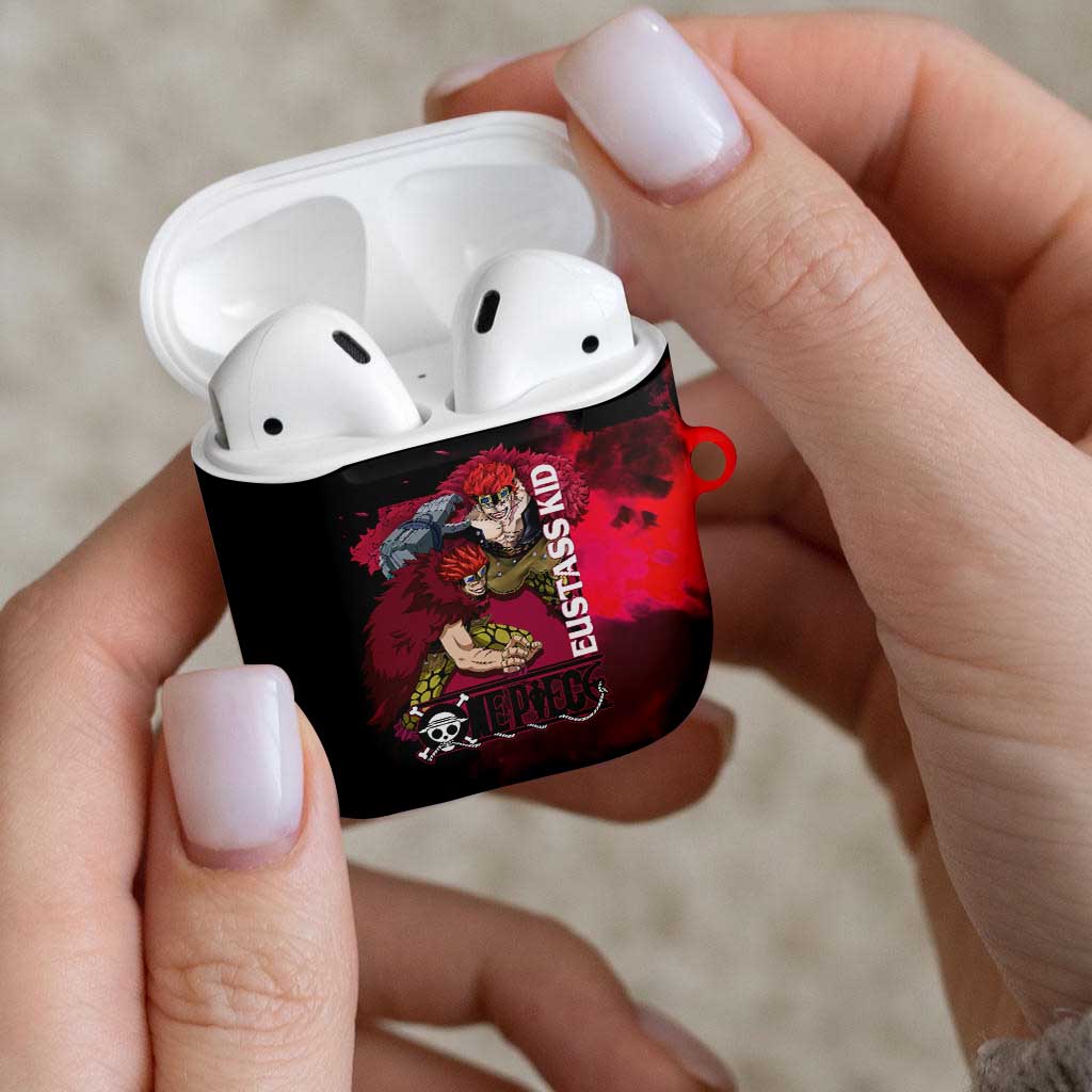 Eustass Kid One Piece Theme Red and Black Grunge Design AirPods Case with Mechanical Arm and Pirate Emblem - The Mazicc