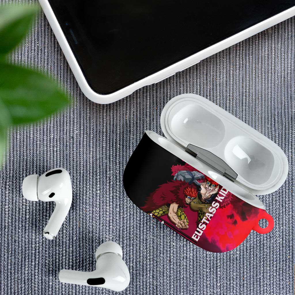 Eustass Kid One Piece Theme Red and Black Grunge Design AirPods Case with Mechanical Arm and Pirate Emblem - The Mazicc