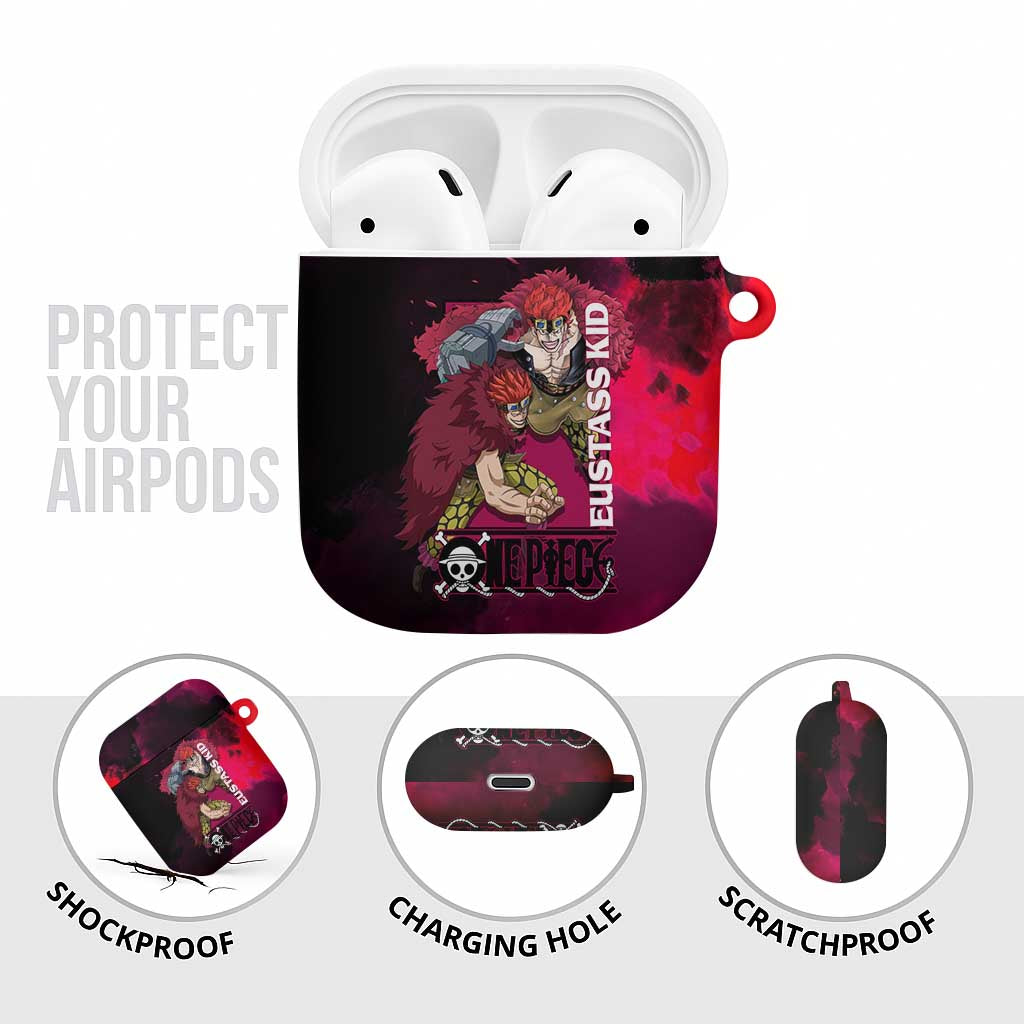 Eustass Kid One Piece Theme Red and Black Grunge Design AirPods Case with Mechanical Arm and Pirate Emblem - The Mazicc