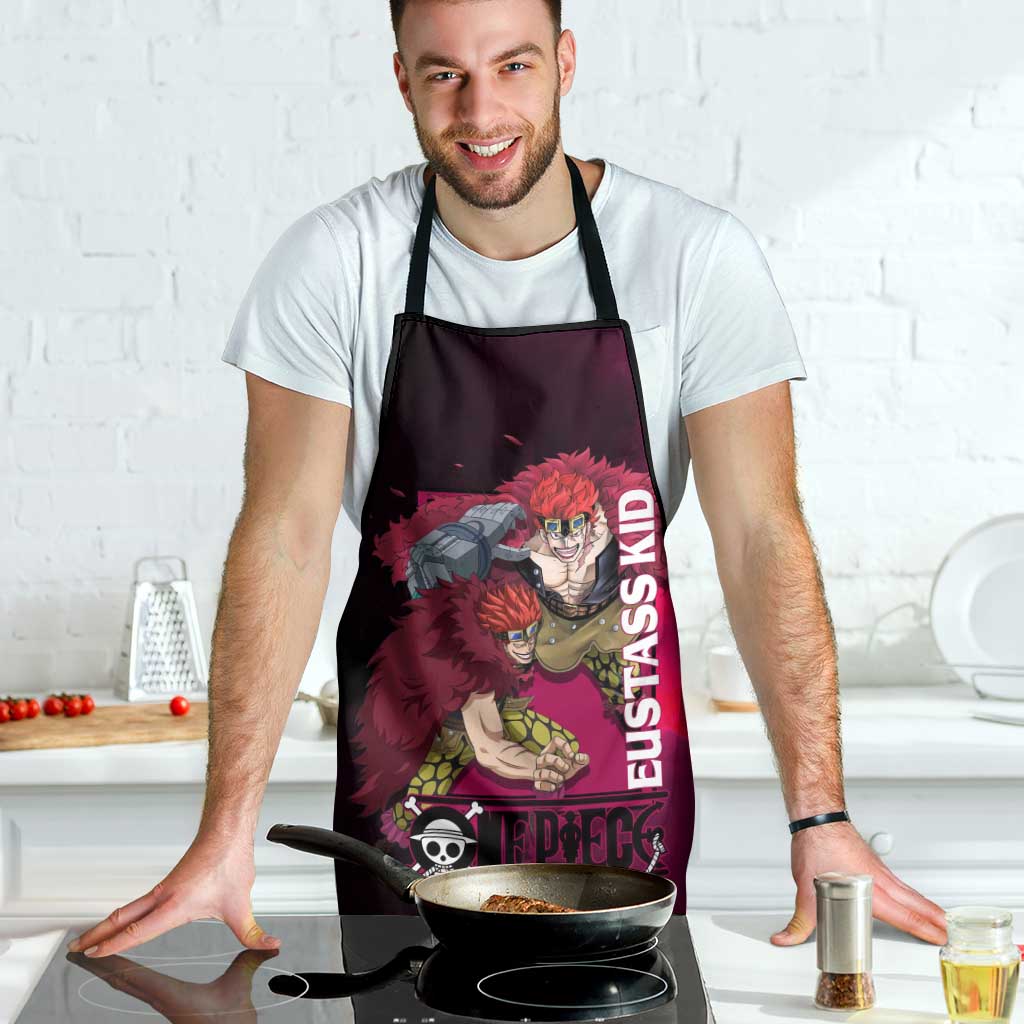 Eustass Kid One Piece Theme Red and Black Grunge Design Apron with Mechanical Arm and Pirate Emblem - The Mazicc
