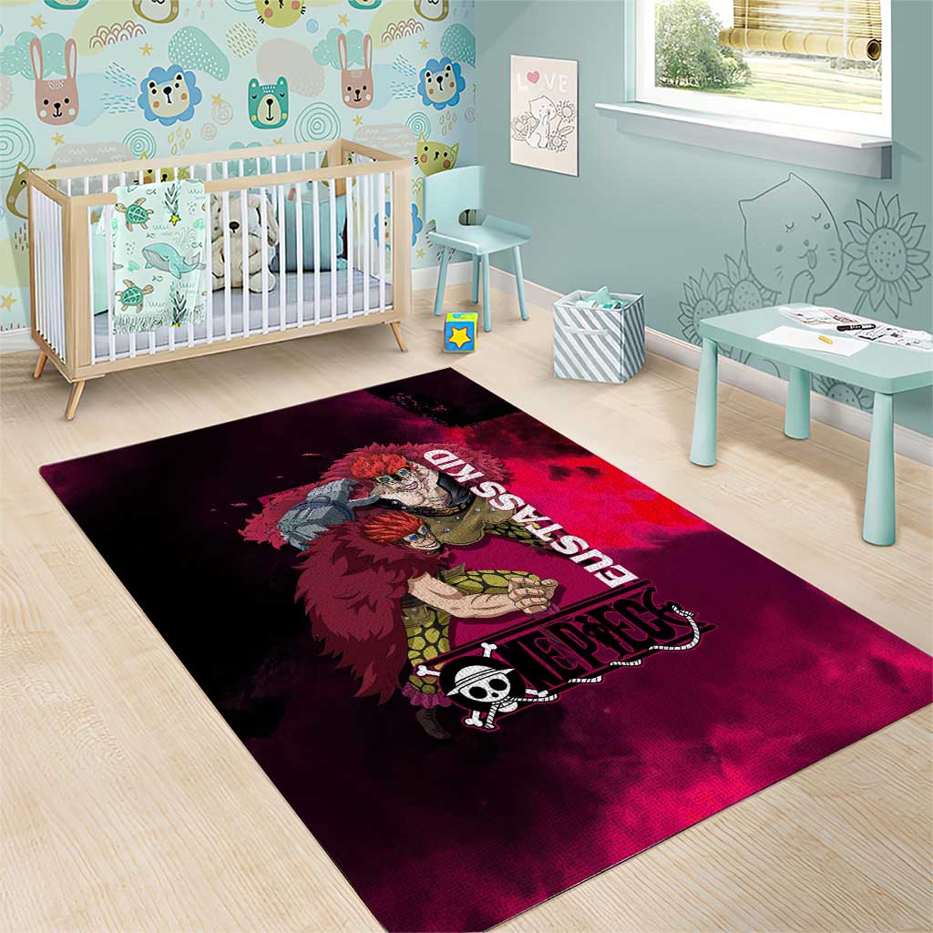 Eustass Kid One Piece Theme Red and Black Grunge Design Area Rug with Mechanical Arm and Pirate Emblem - The Mazicc
