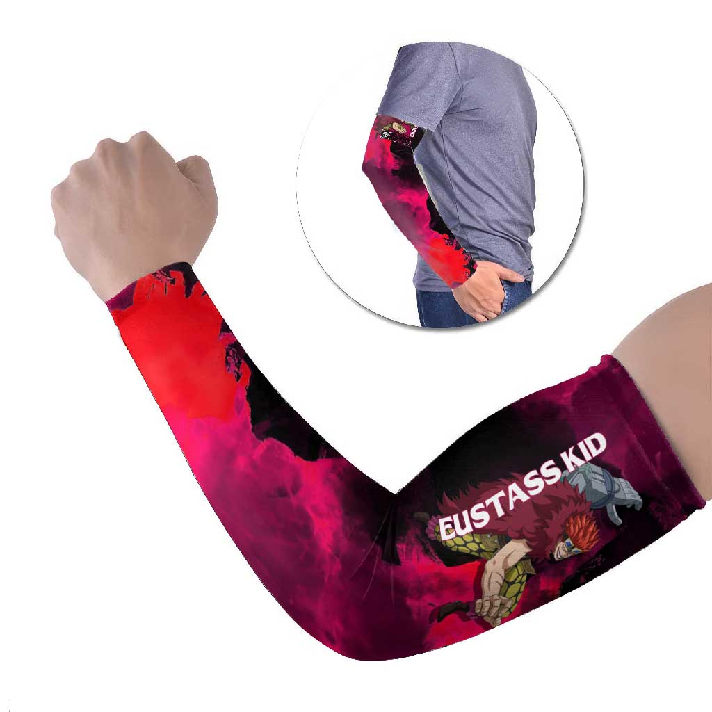 Eustass Kid One Piece Theme Red and Black Grunge Design Arm Sleeves with Mechanical Arm and Pirate Emblem - The Mazicc