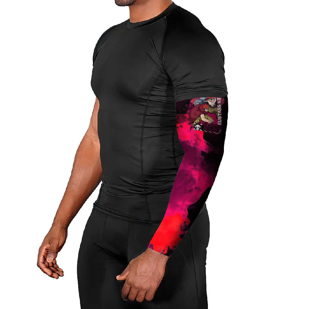Eustass Kid One Piece Theme Red and Black Grunge Design Arm Sleeves with Mechanical Arm and Pirate Emblem - The Mazicc