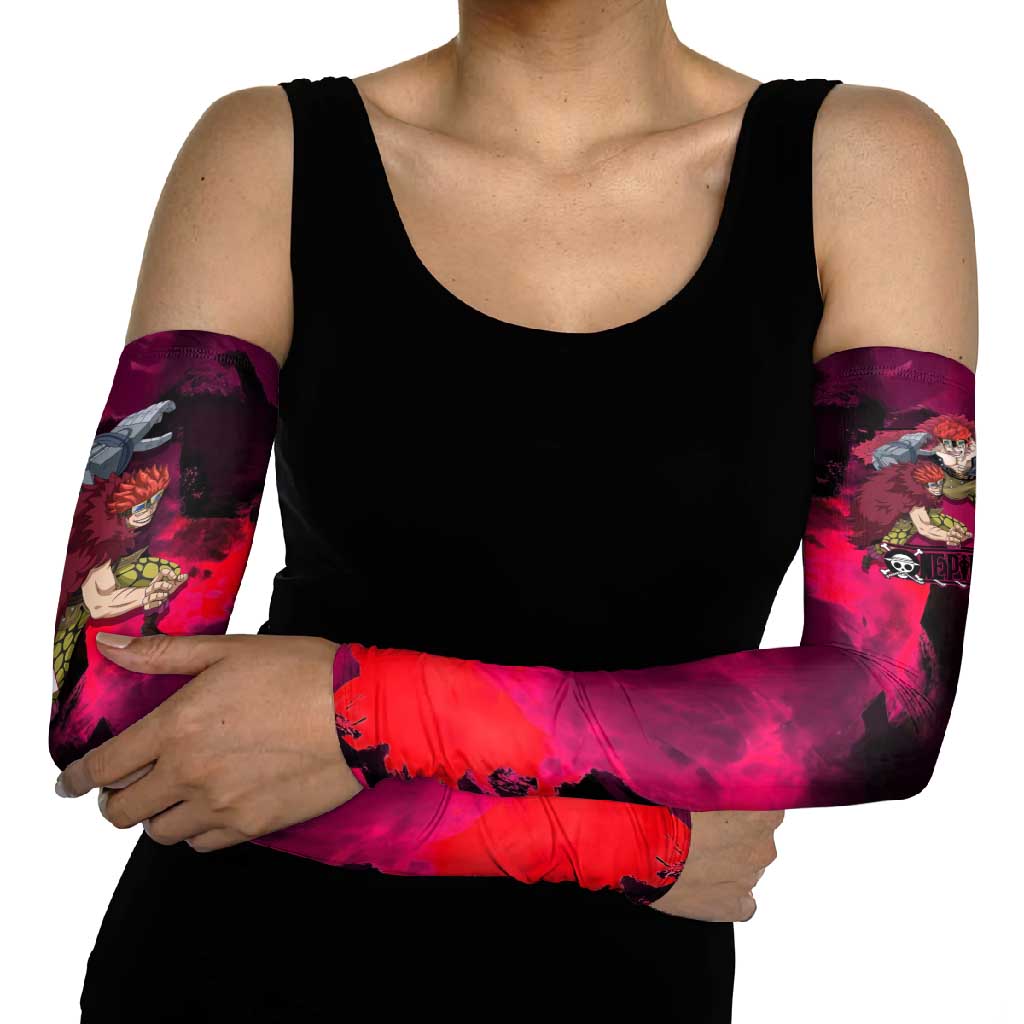 Eustass Kid One Piece Theme Red and Black Grunge Design Arm Sleeves with Mechanical Arm and Pirate Emblem - The Mazicc