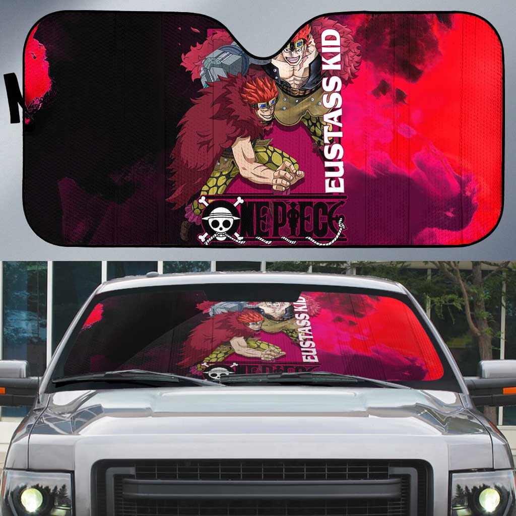 Eustass Kid One Piece Theme Red and Black Grunge Design Auto Sun Shade with Mechanical Arm and Pirate Emblem - The Mazicc