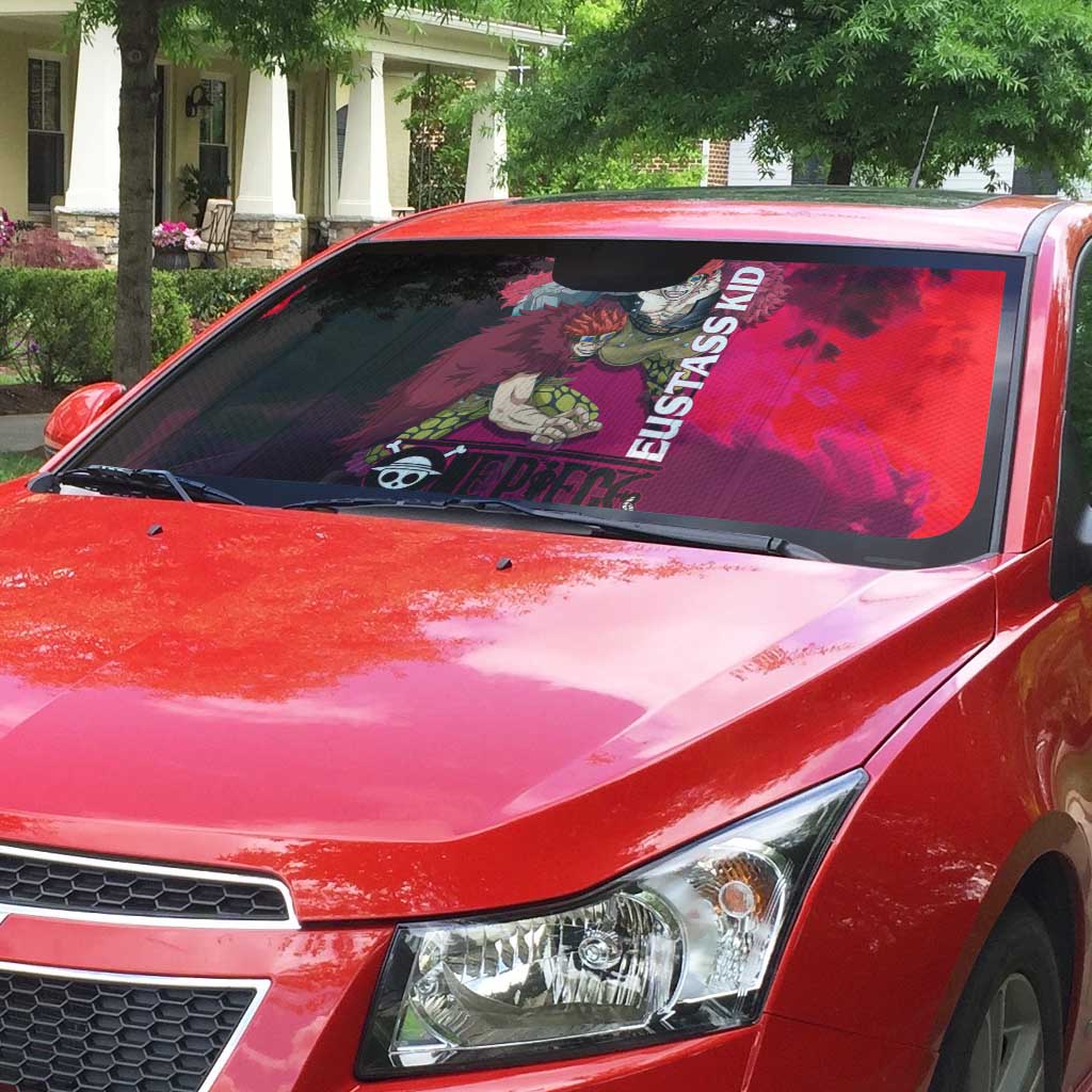 Eustass Kid One Piece Theme Red and Black Grunge Design Auto Sun Shade with Mechanical Arm and Pirate Emblem - The Mazicc