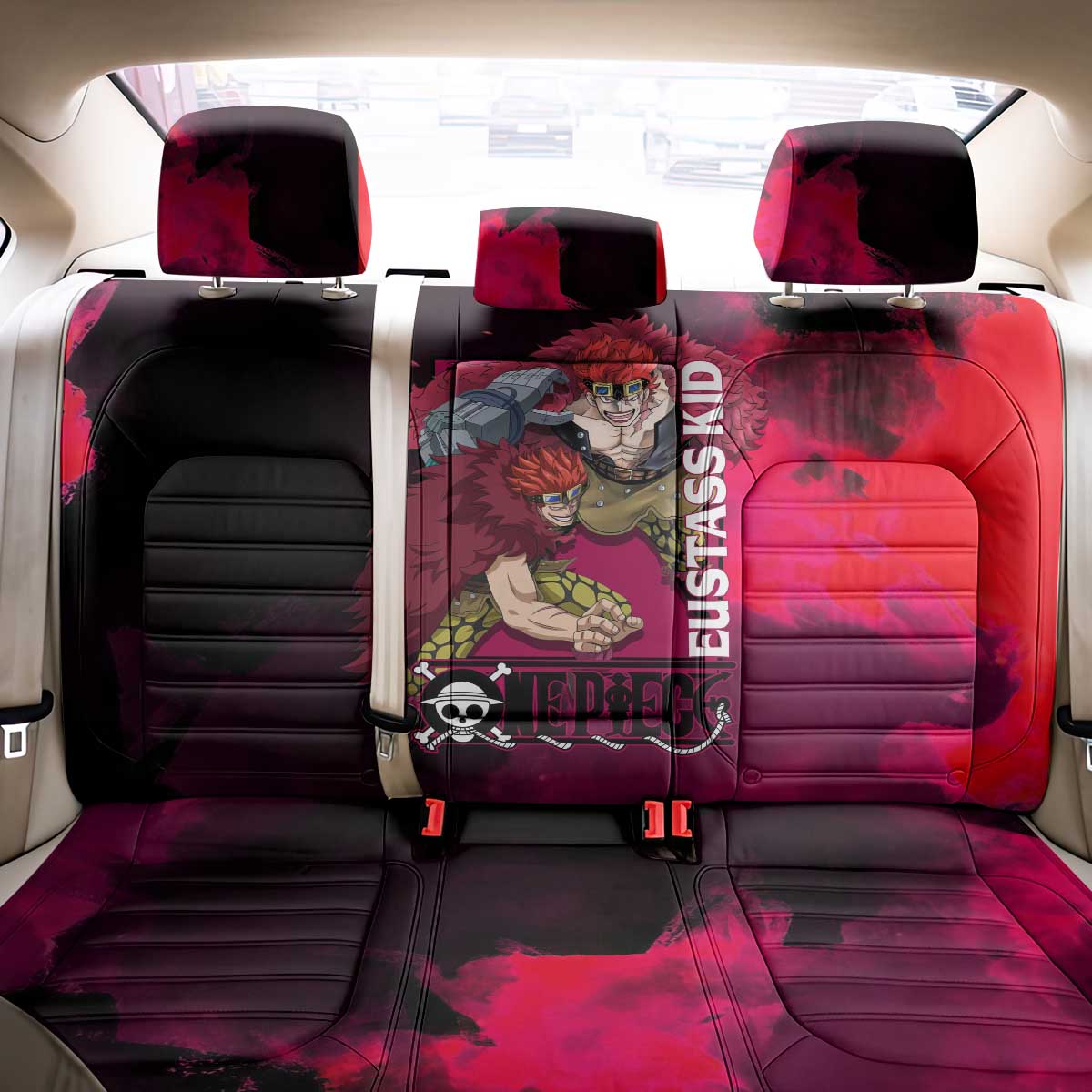 Eustass Kid One Piece Theme Red and Black Grunge Design Back Car Seat Cover with Mechanical Arm and Pirate Emblem - The Mazicc
