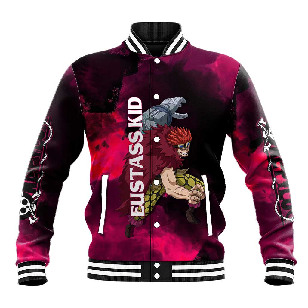 Eustass Kid One Piece Theme Red and Black Grunge Design Baseball Jacket with Mechanical Arm and Pirate Emblem - The Mazicc