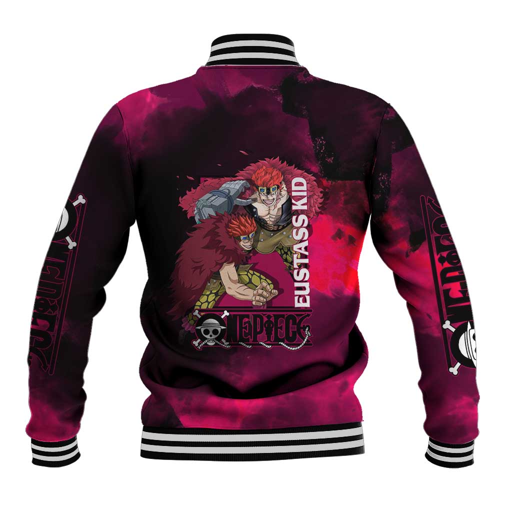 Eustass Kid One Piece Theme Red and Black Grunge Design Baseball Jacket with Mechanical Arm and Pirate Emblem - The Mazicc